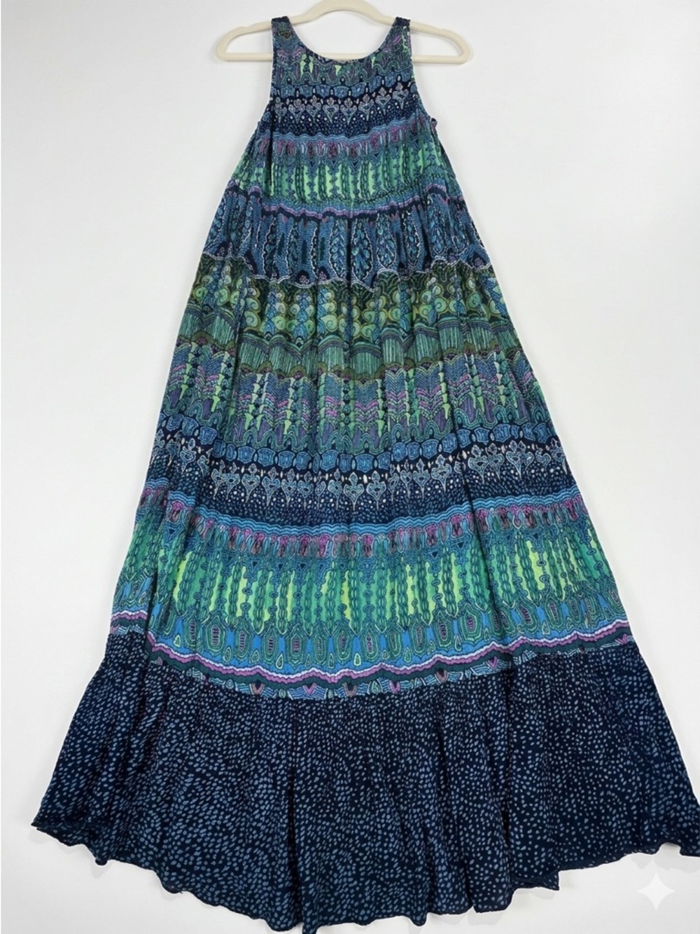 Bila Maxi Dress Crochet Neck Tiered Geometric Boho Blue Green Size S - Picture 3 of 11